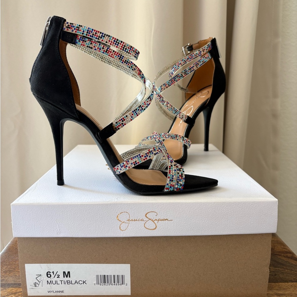 Jessica Simpson Black and Multicolor Strappy Heels
